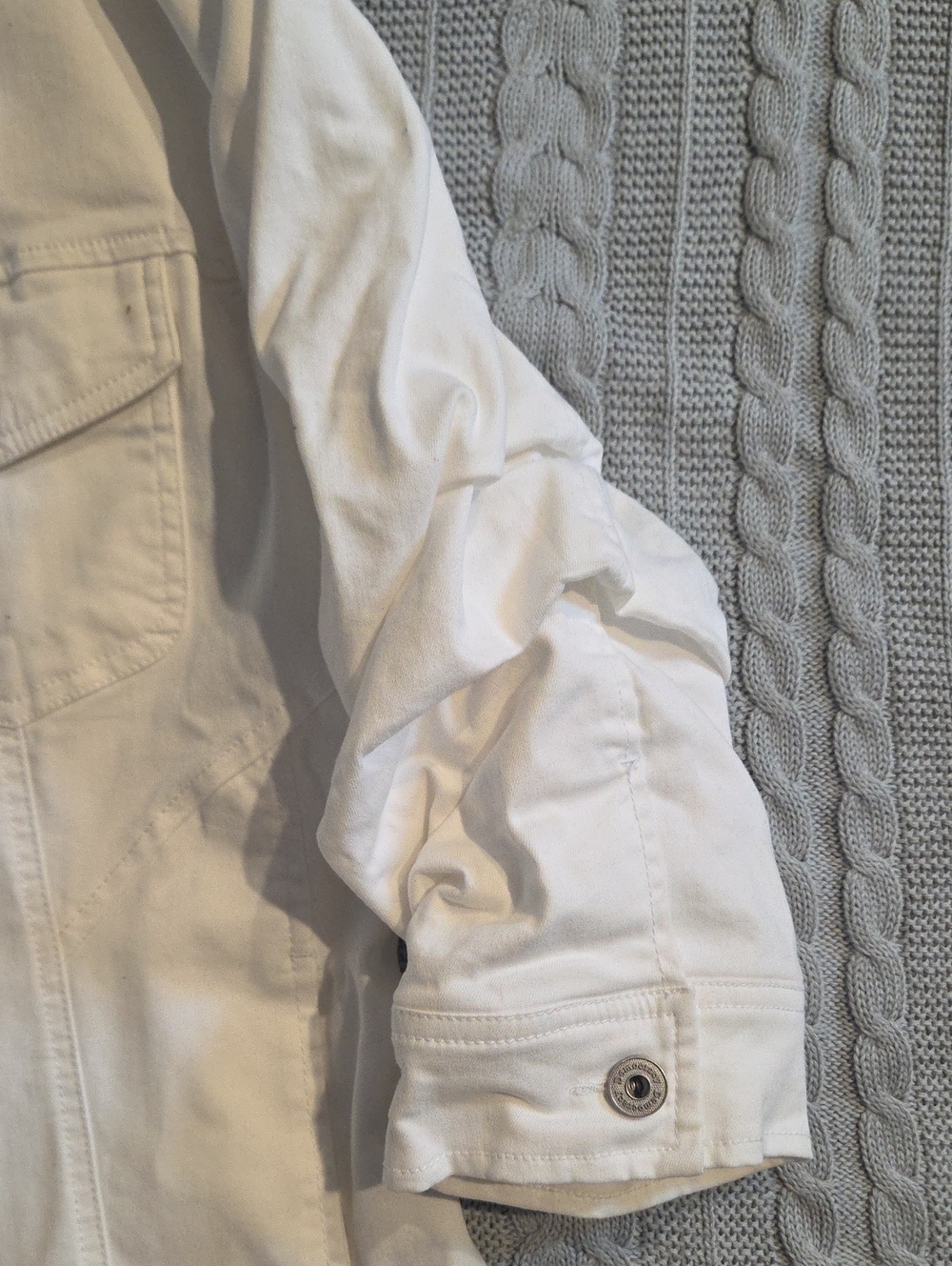 Democracy 3/4 Ruched Sleeve Button Up White Denim Jacket Top Optic White Medium - Picture 5 of 8